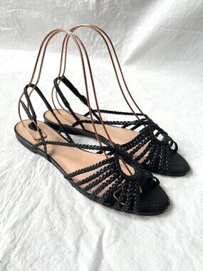 By Anthropologie sandals black leather EU 41 10 womens braided ankle strap flat